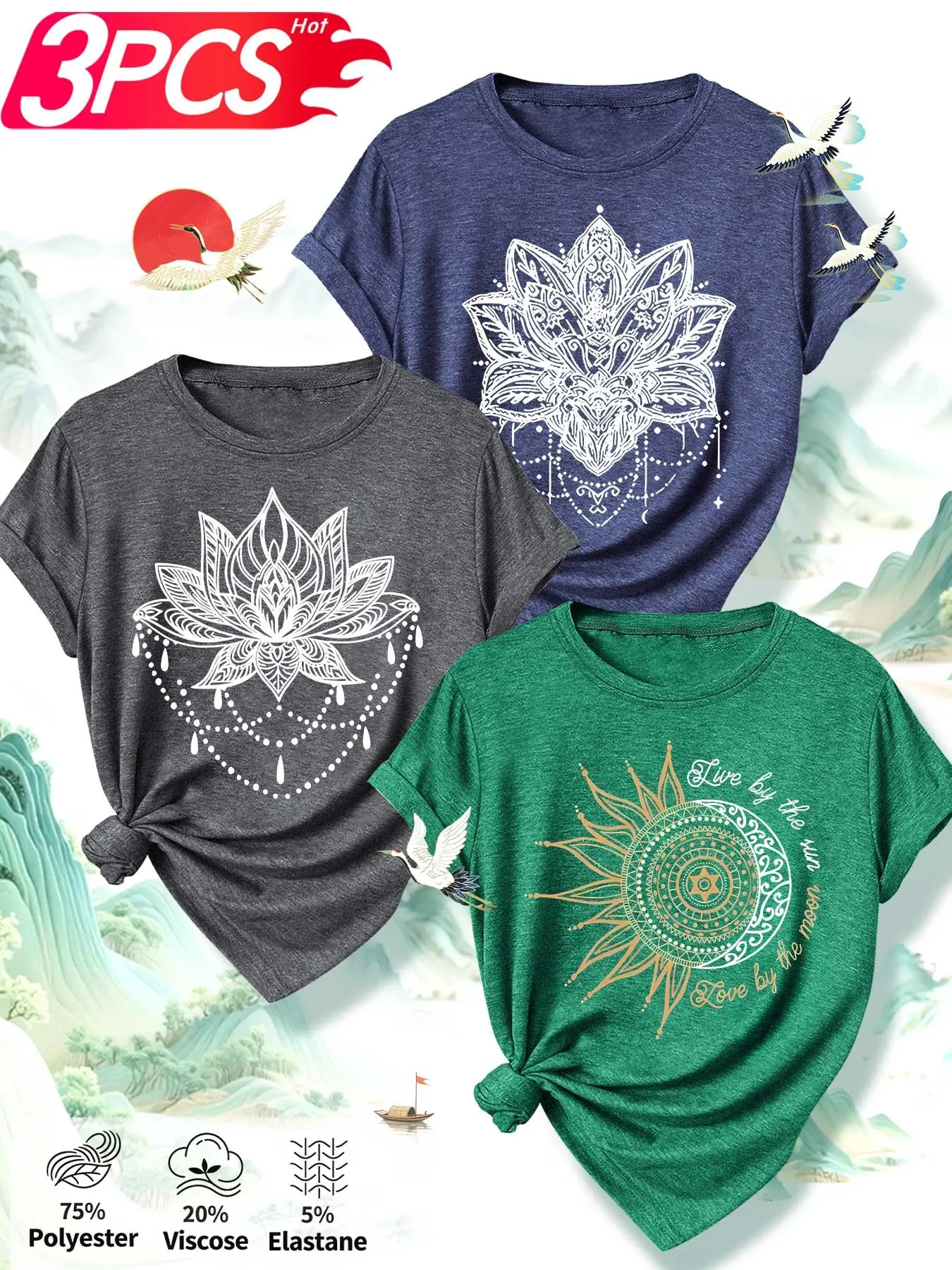 3-Pack Women's Round Neck T-Shirts, Dual-Layer Mandala Lotus Moon Healing Ethnic Print, Casual Tops, Soft and Comfortable