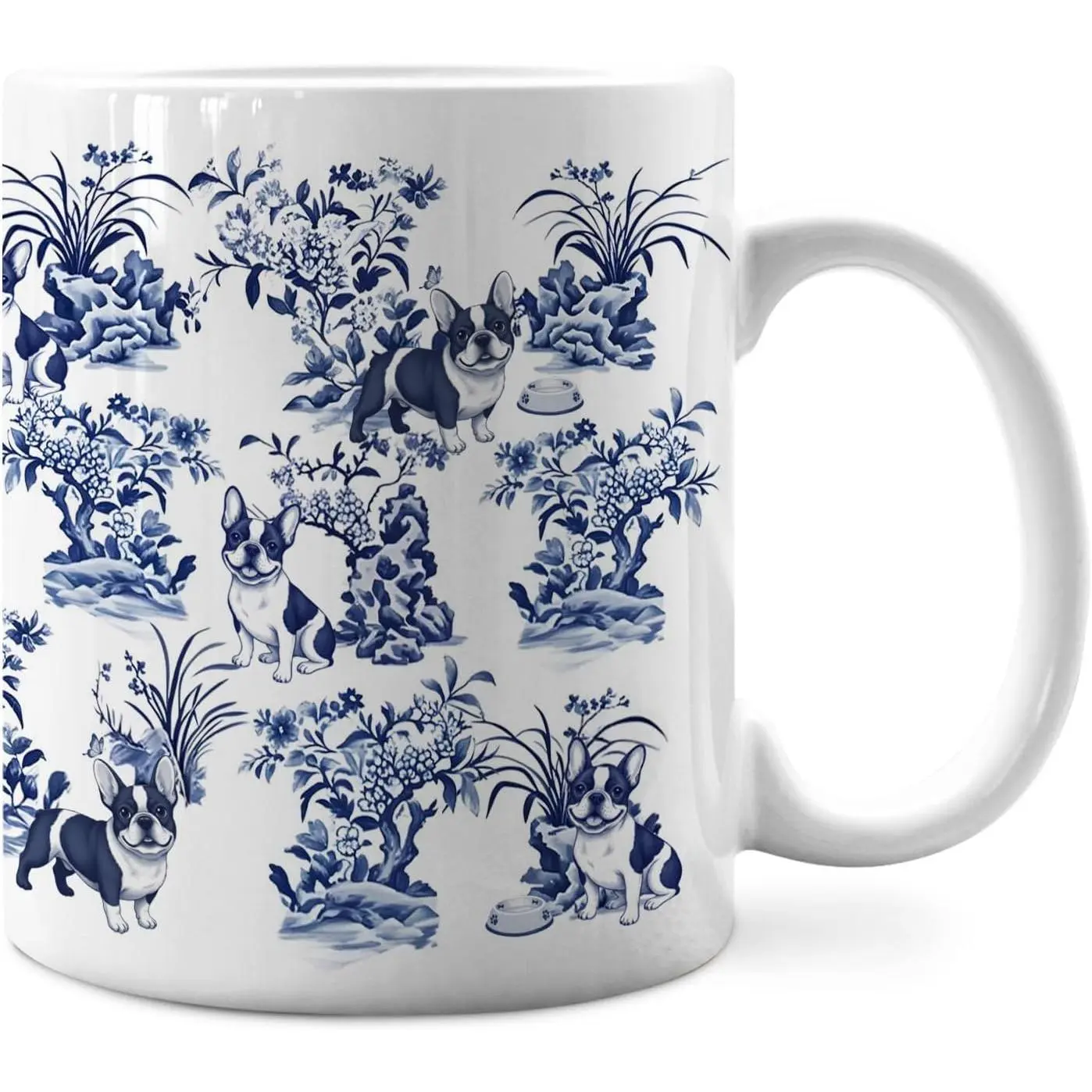 Chinoiserie  Bulldog  Mug, Gifts for  Bulldog Lovers Coffee Mug, Frenchie Gifts for Women Men, Blue and White Toile Frenchie  Ceramic Coffee Cup 11 oz