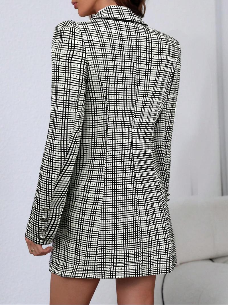 Two-Piece Set Women's Plaid Print Button Front Trendy Blazer & Pocket Skirt Set, Casual Lapel Neck Long Sleeve Outerwear & Short Skirt for Work Office Business, Ladies Spring & Fall Clothes