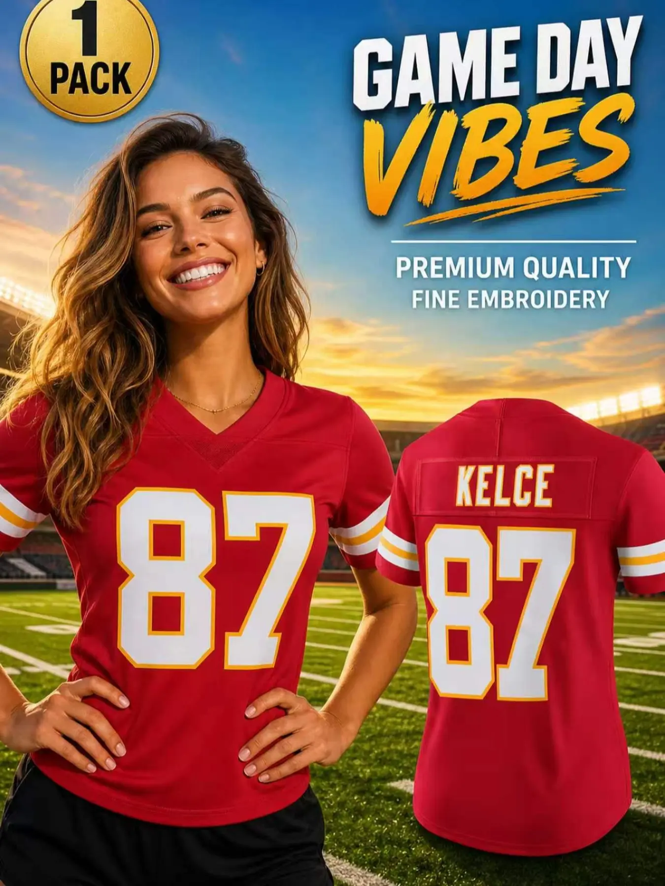 Women's #87 Kelce Football Jersey, Premium Embroidered V-Neck Short Sleeve Game Day Sports Shirt, Breathable Casual Top for Football Fans Daily Wear