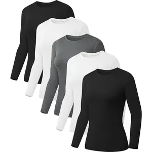 5 Pack Womens Basic Long Sleeve Shirts Crew Neck Fitted T Shirts Tops Undershirts Underscrub Baselayer