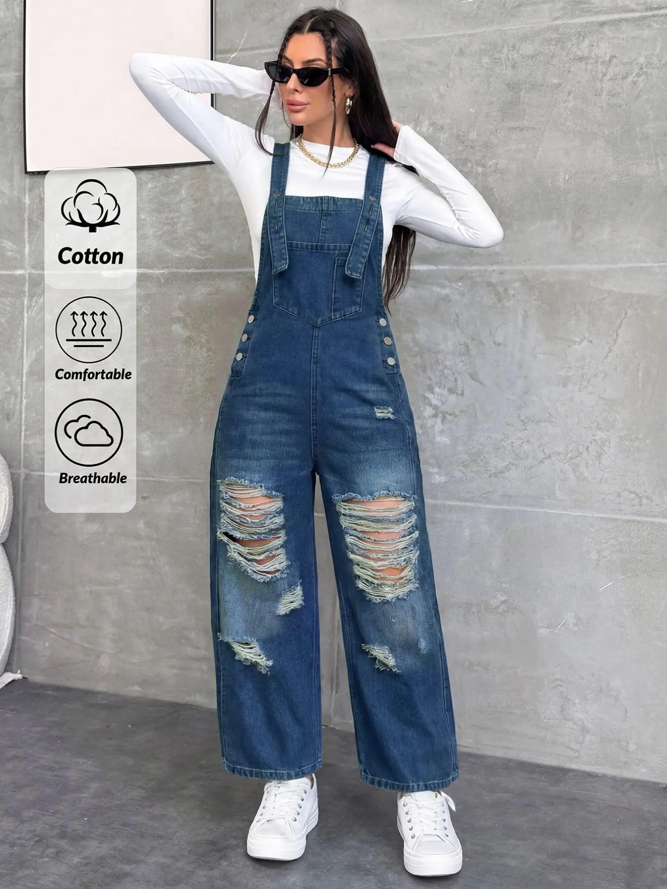 Women's Loose Washed Denim Comfortable Fabric Bib Pants Overalls, Casual Slim-Fitting Long Jeans, Distressed Craftsmanship, All Seasons