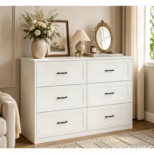 6-Drawer Lockable Dresser, Modern Farmhouse Sturdy Wood Storage Cabinet with Metal Handles, Charging Station & Decor Items for Bedroom, Hallway