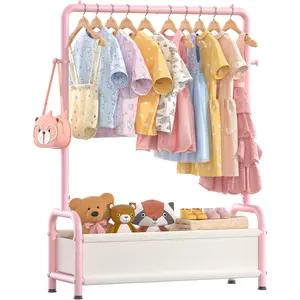 Kids Clothing Rack with Storage Shelf, Kids Dress Up Storage for Coats, Small Baby Garment Rack for Hanging Clothes, Toddler Wardrobe Closet Organizer (Classic, Pink)