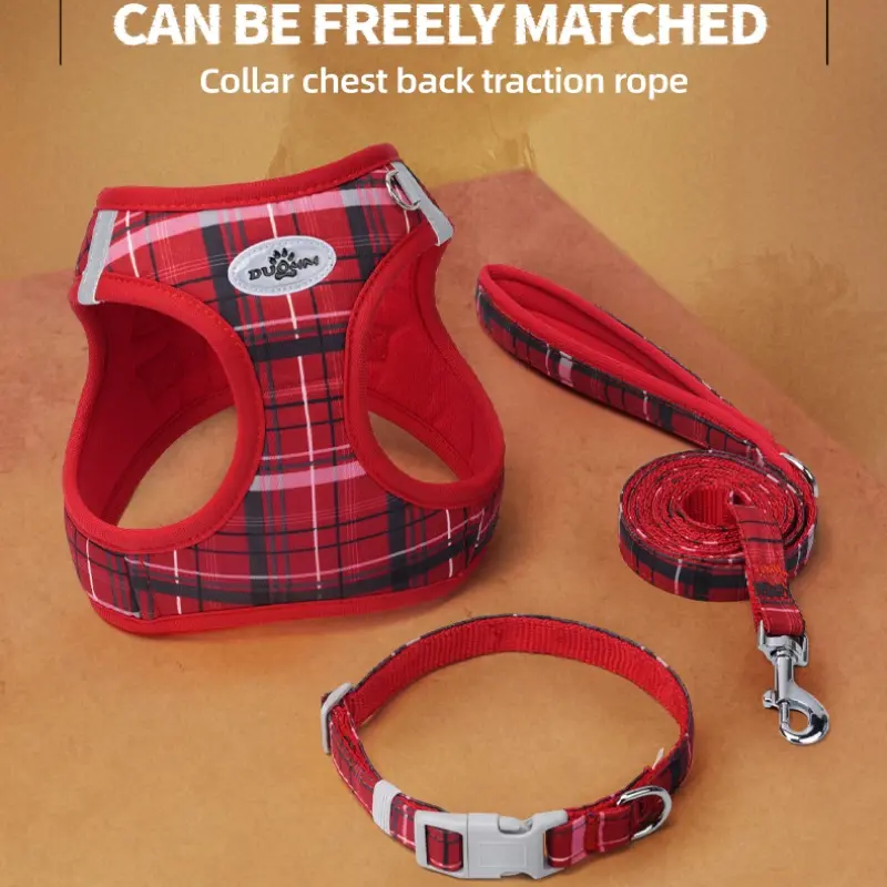 Small Dog Harness and Leash Set for Puppies Puppy Harness and Leash - Harness Leash Combo 3 Pieces Step in No Pull Vest & Collar, Extra Small Kitten Harness, Breathable Reflective Plaid, Padded Leash