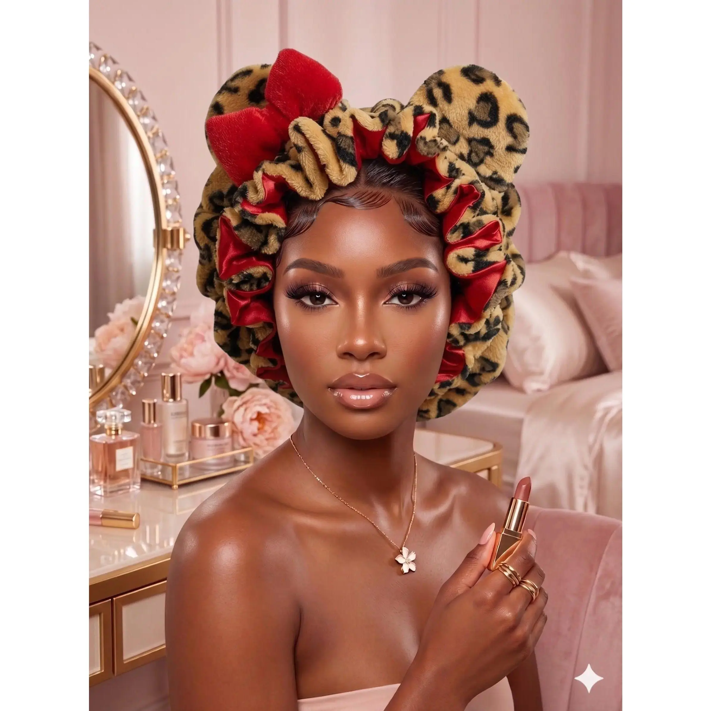 Women's Hooded Teddy Sleep Bonnet - Pink Leopard Print, Water-Resistant Nightcap for Curly Hair Protection