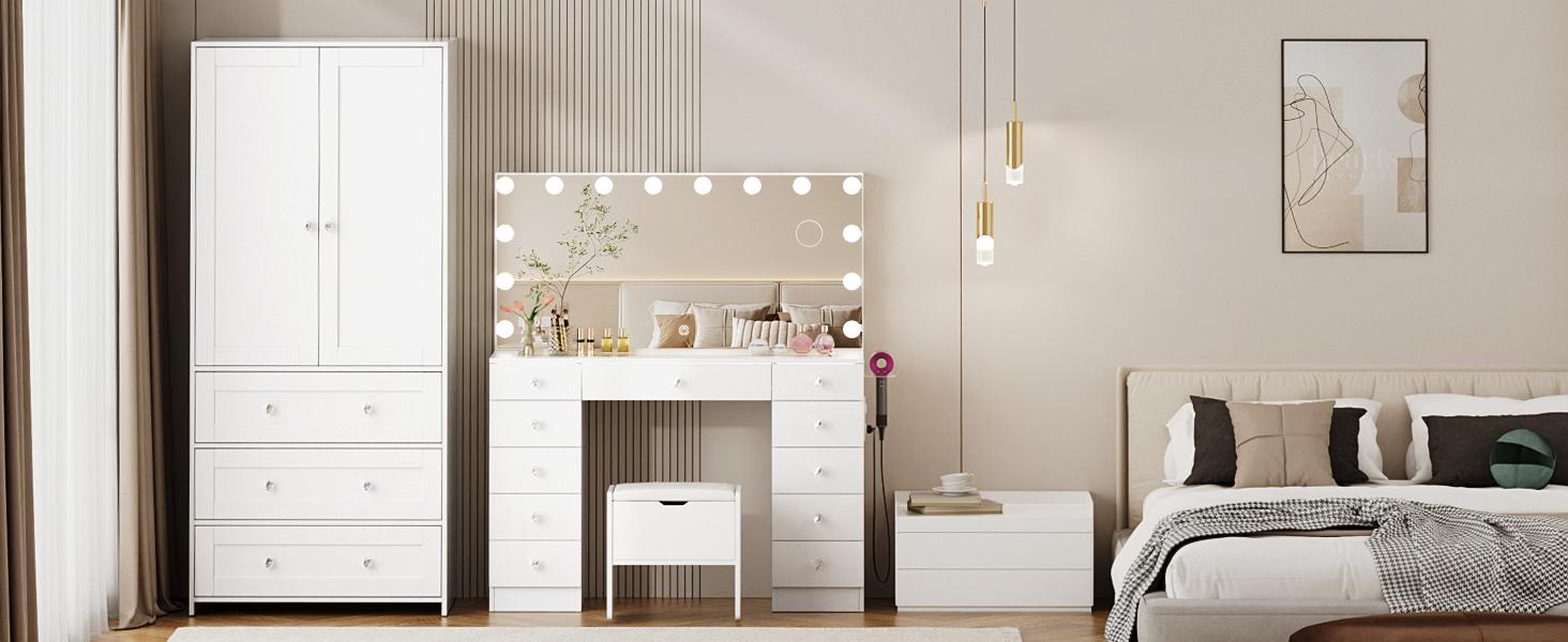 VOWNER Armoire Wardrobe Closet with Drawers and Mirror, 71" Clothing Storage Cabinet with Hanging Rod, 2 Doors Wooden Wardrobe Cabinet for Bedroom, Large Capacity Storage