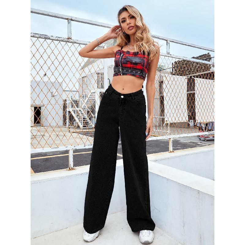 2025 High Rise Jeans for Women Wide Leg Stretchy Pants Straight Leg Loose Denim Tummy Control Trousers with Pockets Stretch Tights Waist