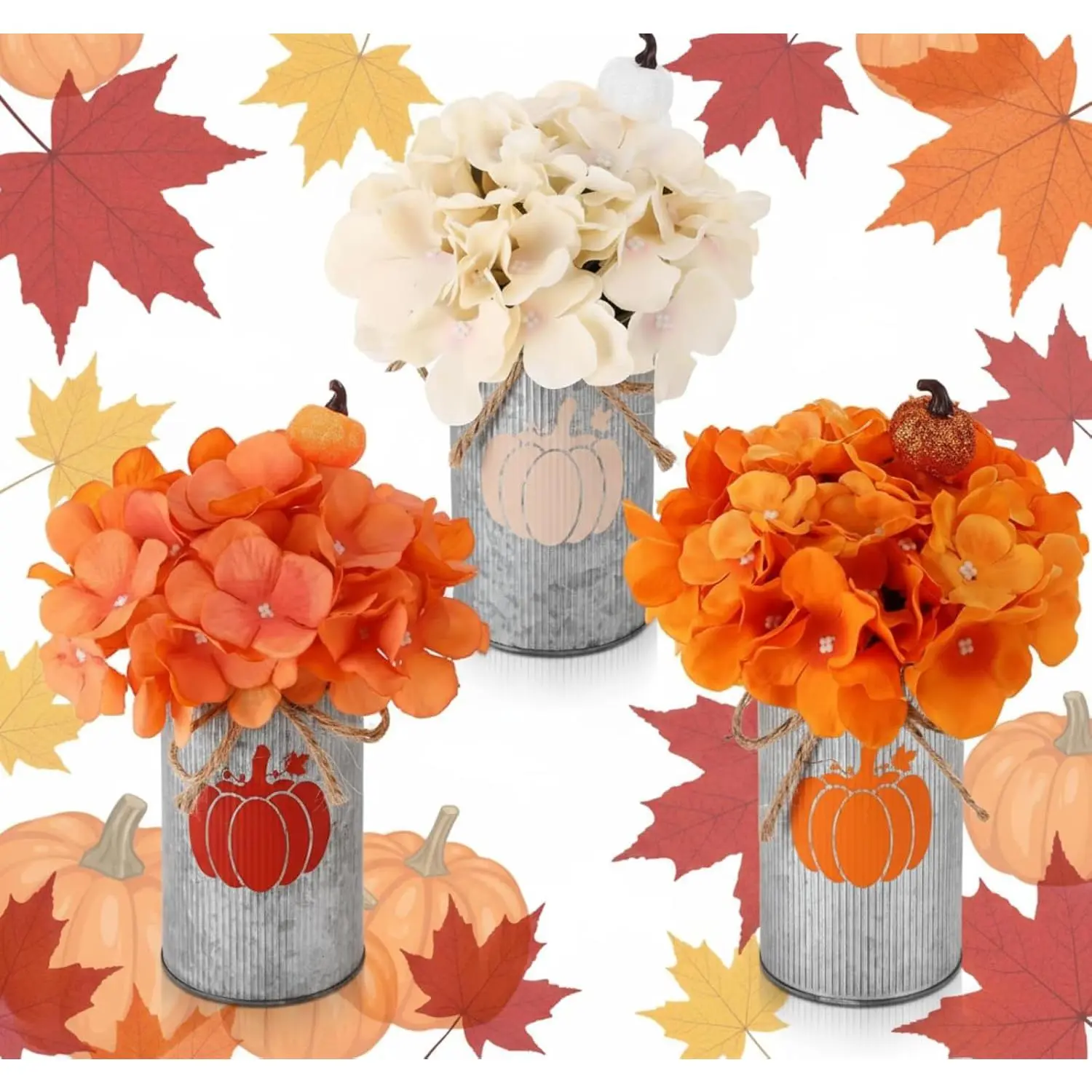 SiliFine 3 Sets Thankgiving Fall Centerpiece for Table Includes 3 Silk Artificial Flower 3 Pumpkins Glitter Berry Picks 3 Potted Metal Vases for Thankgiving Day Autumn Wedding Anniversary Party Decor