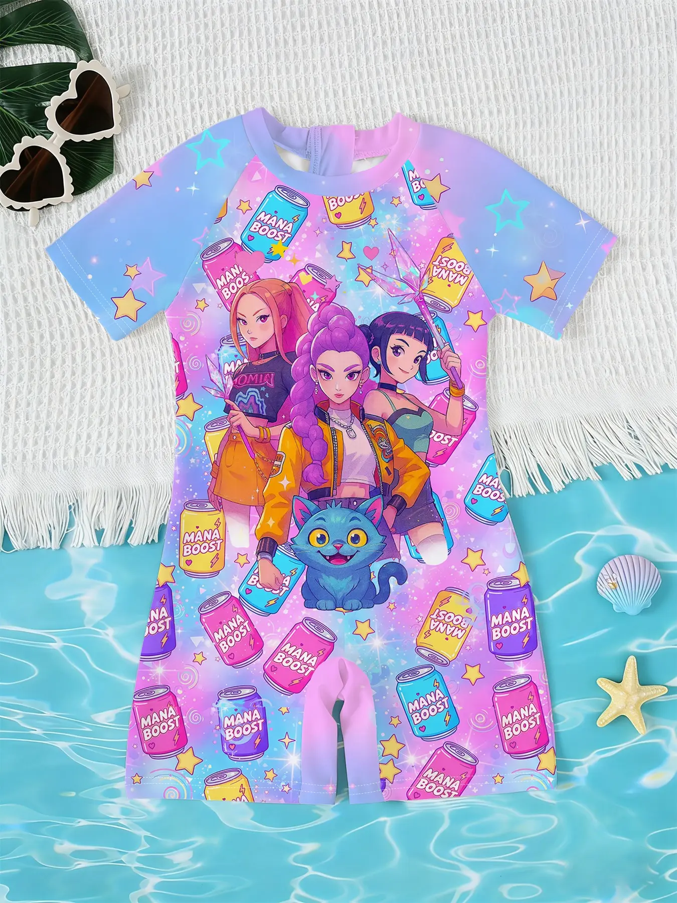 Girls' Korean Style One-Piece Swimsuit, Gradient 3D Print, Summer Quick-Dry Romper, Beach Vacation Swimwear for Kids