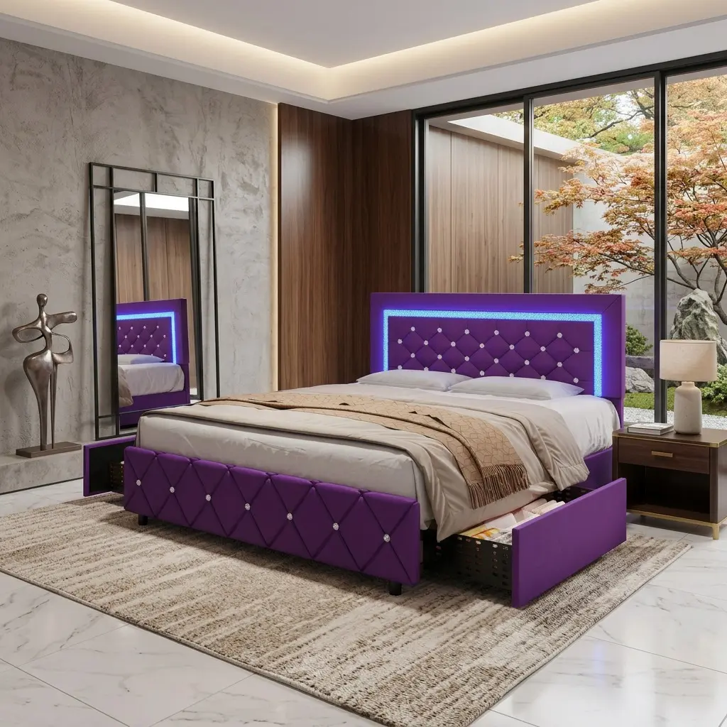 Purple PU Upholstered Platform Bed Frame with LED Lights & Diamond Tufted Headboard, Rolling Storage Drawers, Anti-Slip Noise-Free Bed with USB Powered Light Strip, No Box Spring Needed, Multiple Sizes & Colors for Bedroom Decor heavy-duty