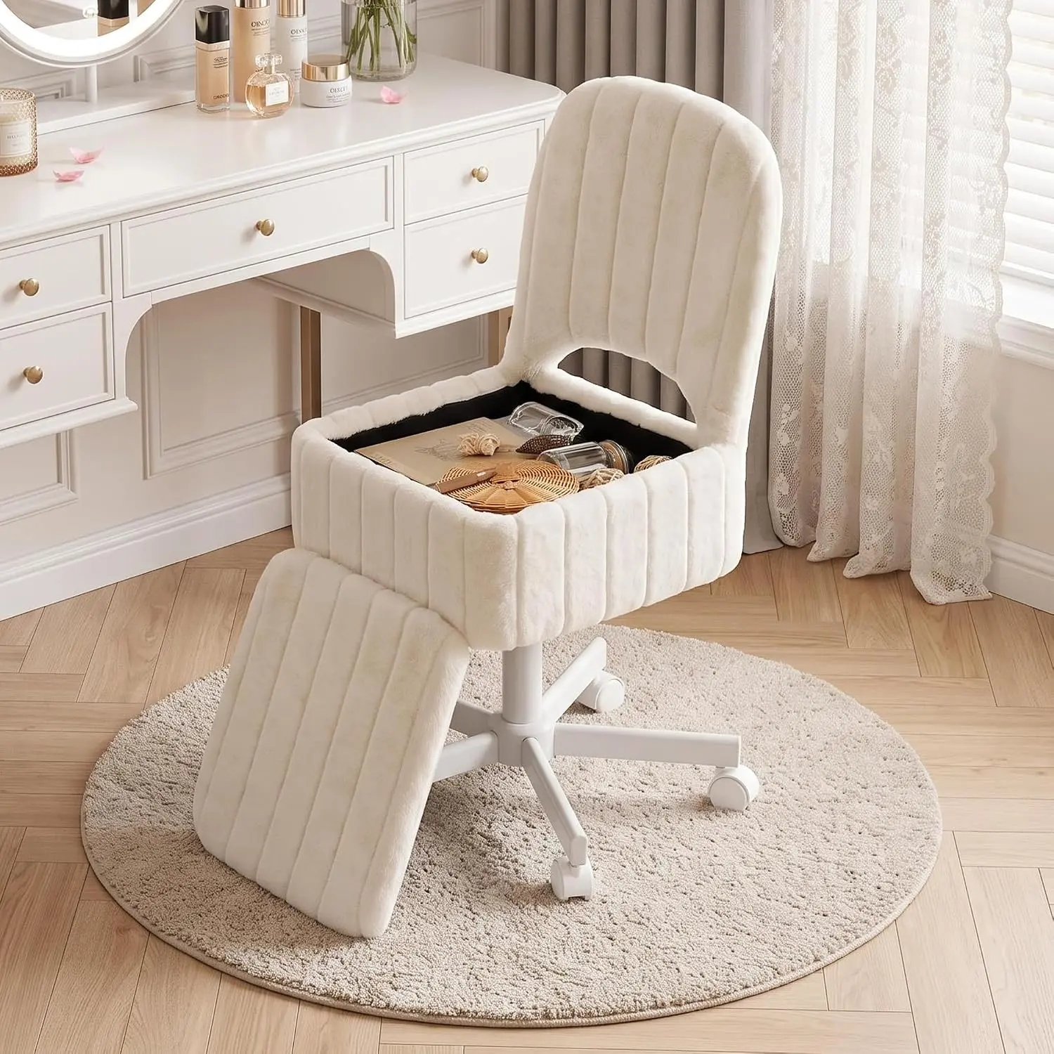 Height Adjustable Vanity Stool with Storage – Folding Back, 360° Swivel, Quiet Wheels & Faux Fur Seat for Makeup, Bedroom & Office
