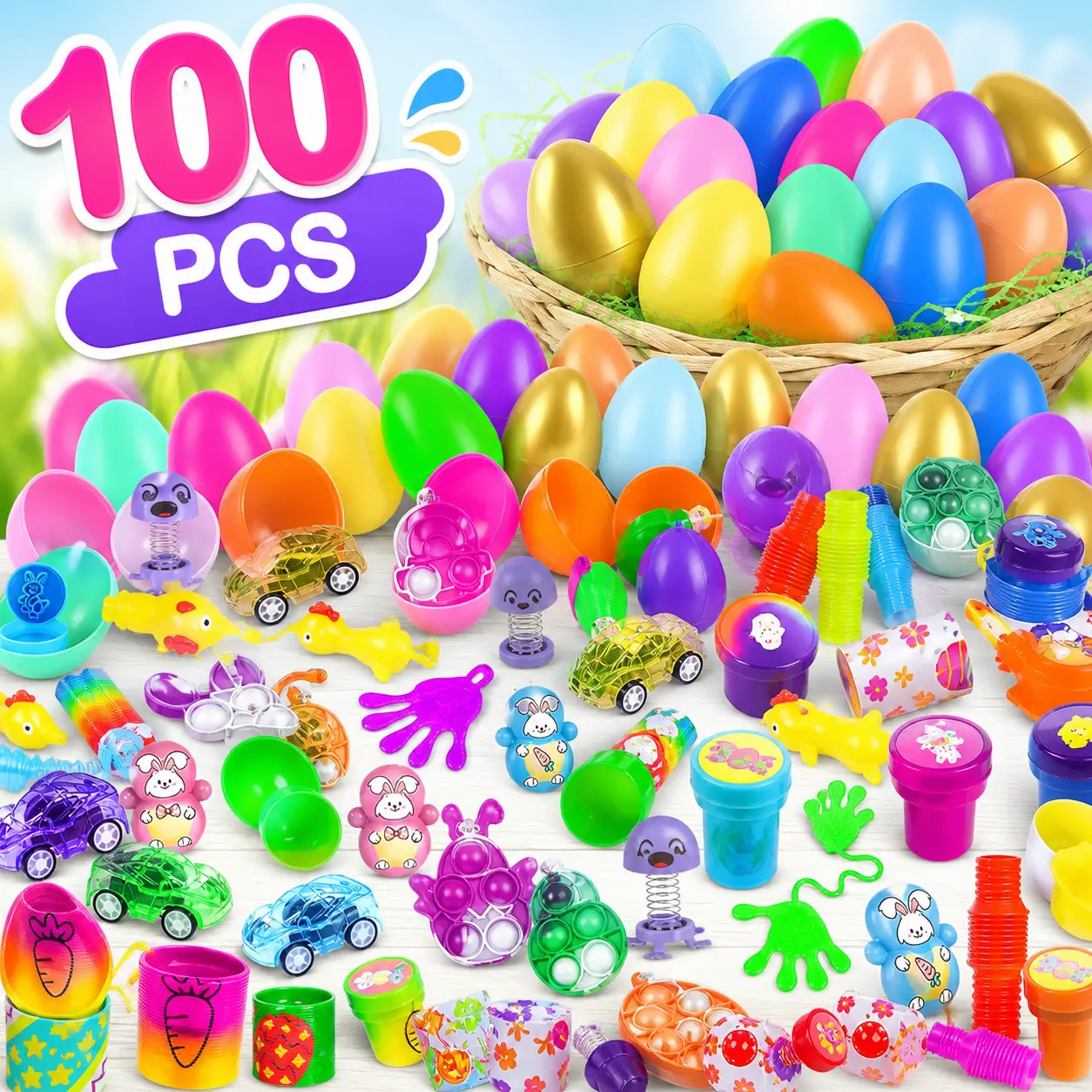 100-Pack Prefilled Easter Eggs with Toys - Baby & Kids' Party Favors, Basket Stuffers, Classroom Prize Supplies (No Warning Applicable)