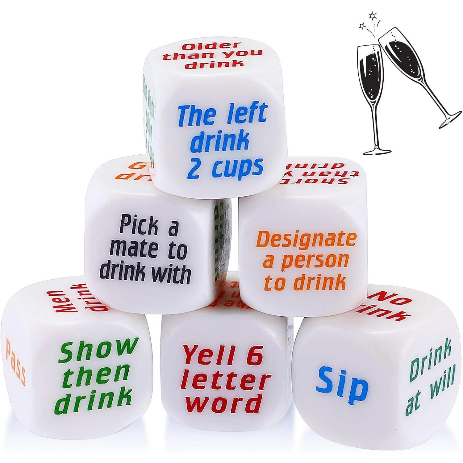 Drinking Dice Bar Rolling Decider (6 Pcs Basic White Dice Bulk) - Boredom Buster, Printed Party Games for Adults Game Night Favor for Bachelorette Gatherings, Printed Dice Party Games For Adults