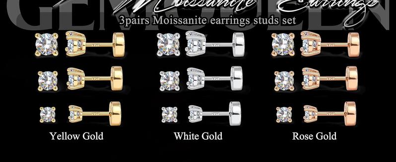 Fashionable 3 Pairs Synthetic Moissanite Earrings Studs 14K Gold Plated S925 Sterling Silver Flat Back Earring for Women Men - Hypoallergenic Set Cartilage Helix Piercing Jewelry D Color VVS1 1.8CT