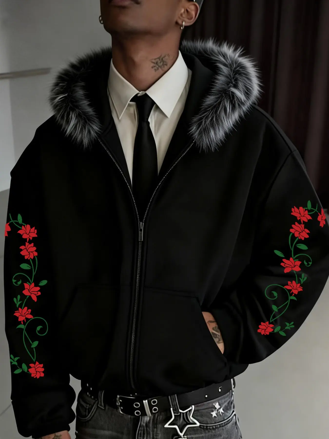 Men's New Trendy Hooded Sweatshirt, Casual Geometric Print, Loose-Fit Zipper Hoodie, Front Pocket, All-Season Men's Top