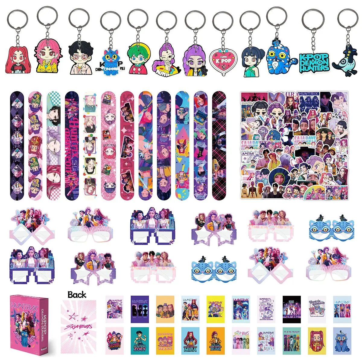 5-piece Korean cartoon girl group carnival birthday party favor Gifts in Box set, including 12 cartoon bracelets, 12 keychains, 12 decorative glasses, 55 game cards, and 50 cartoon stickers, pretty and fun, creating a unique themed party