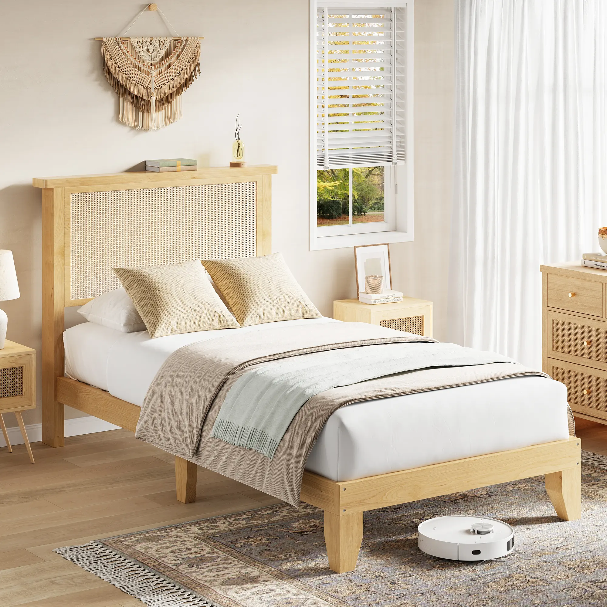 Twin Size Bed Frame with Grass Rattan, Platform Bed No Box Spring Needed, Boho Style Wooden Slat Support, Easy Assembly, Sturdy MDF & Natural Rattan Bed Frame for Bedroom