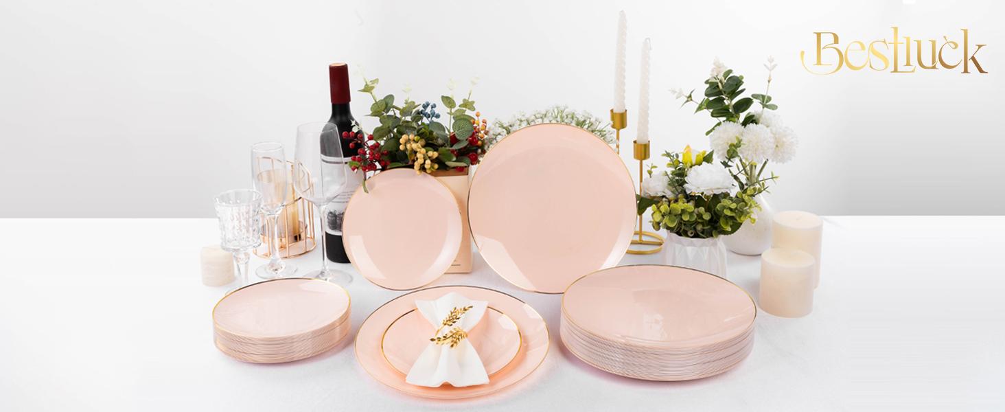 100PCS Pink & Gold Disposable Plates – 10.25" Dessert & Salad Plates with Gold Rim for Modern Dining