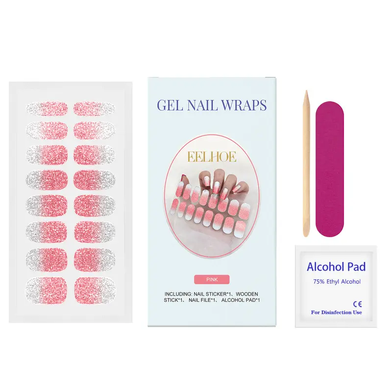 Sparkling Pink Soft Gel Nail Stickers Set,Cured Gel Nail Wraps, Minimal Glitter Fresh Style Flexible Nail Stickers for DIY Manicure
