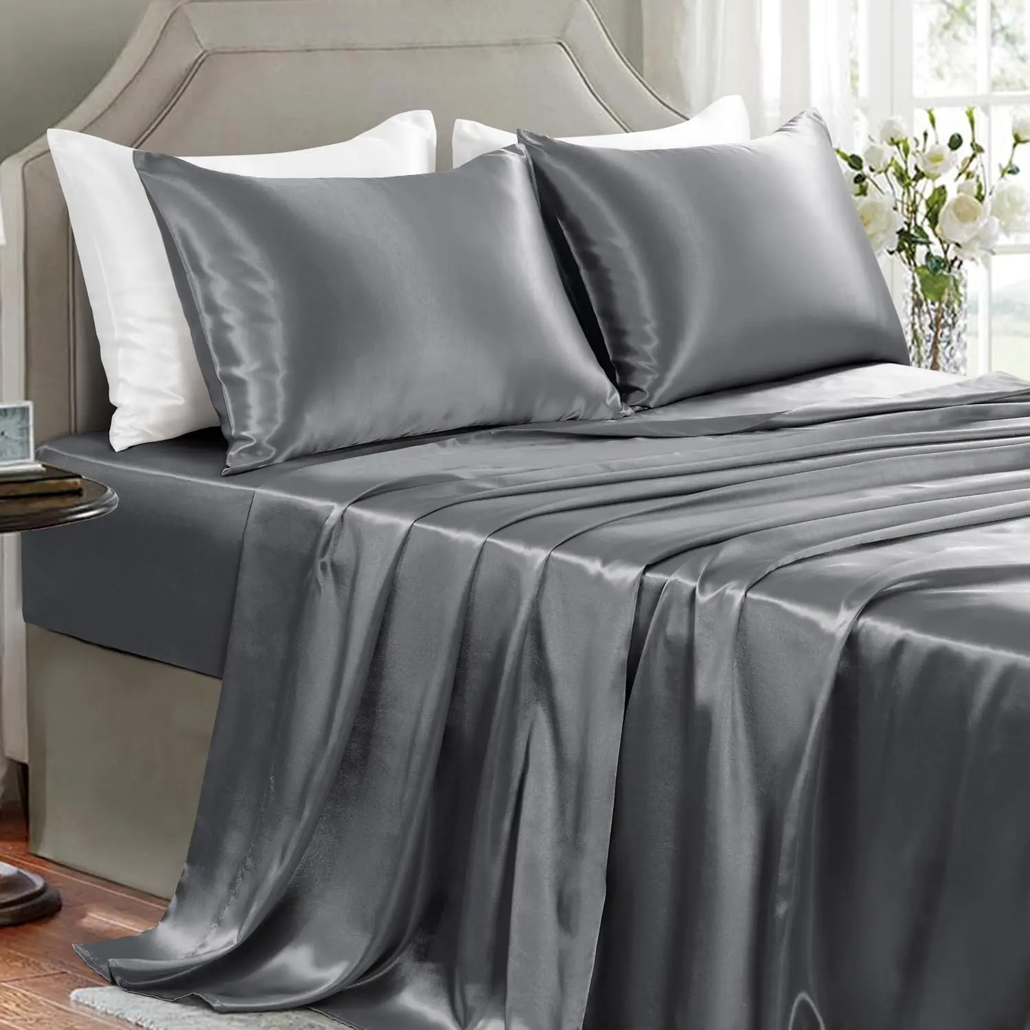 Sheets Queen Size - 4 Pieces Luxury Soft Bed Sheets, Wrinkle-Free Dark Grey Silk Sheet Set with 1 Deep Fitted Sheet, 1 Flat Sheet, 2 Pillow| OEKO-TEX Certified Wrinkle-Free Soft Sheets Friendly for Hair and Skin,Designed for Elegant Bedroom Decor
