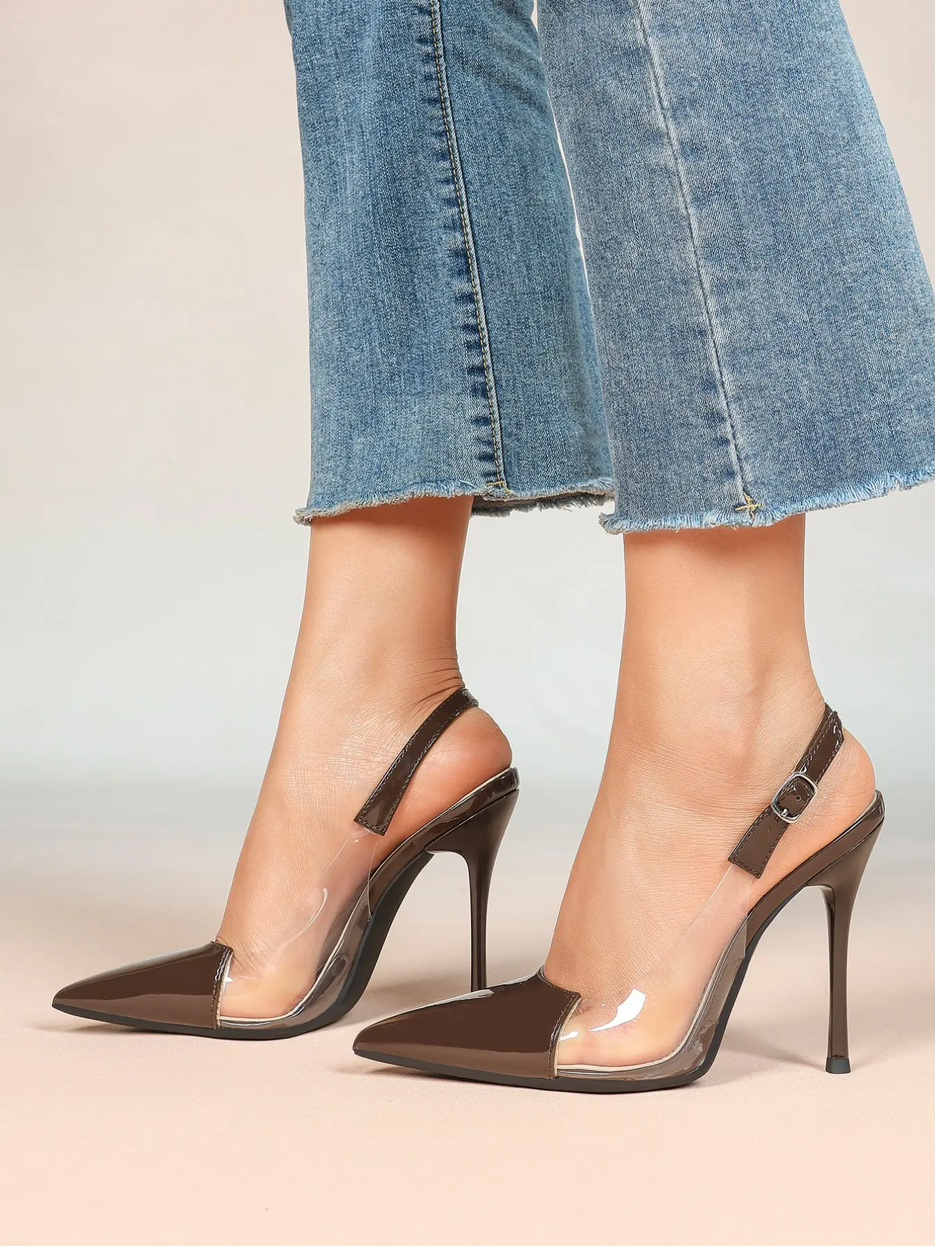 Women's Glossy Patent Leather Pointed-Toe Slingback High Heels  Semi-Sheer Design  Soft Non-Slip Sole Office, Commute, Date & Wedding Shoes