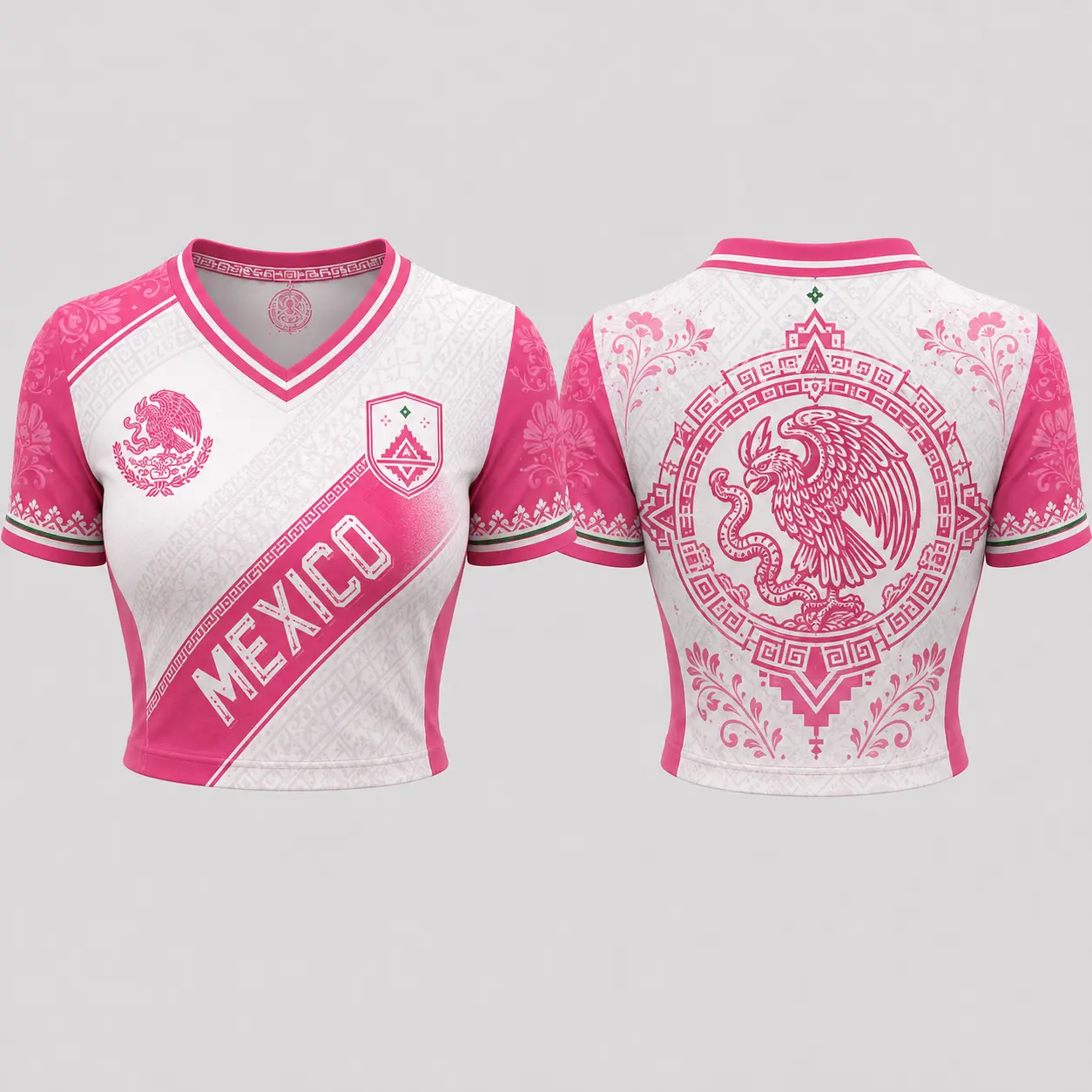 Women's Mexico Cropped Jersey, Aztec Graphic Streetwear Soccer Tee, Lightweight Pink Athletic Top for Festivals & Cinco de Mayo, Mexico Jersey, Women Mexico Shirts
