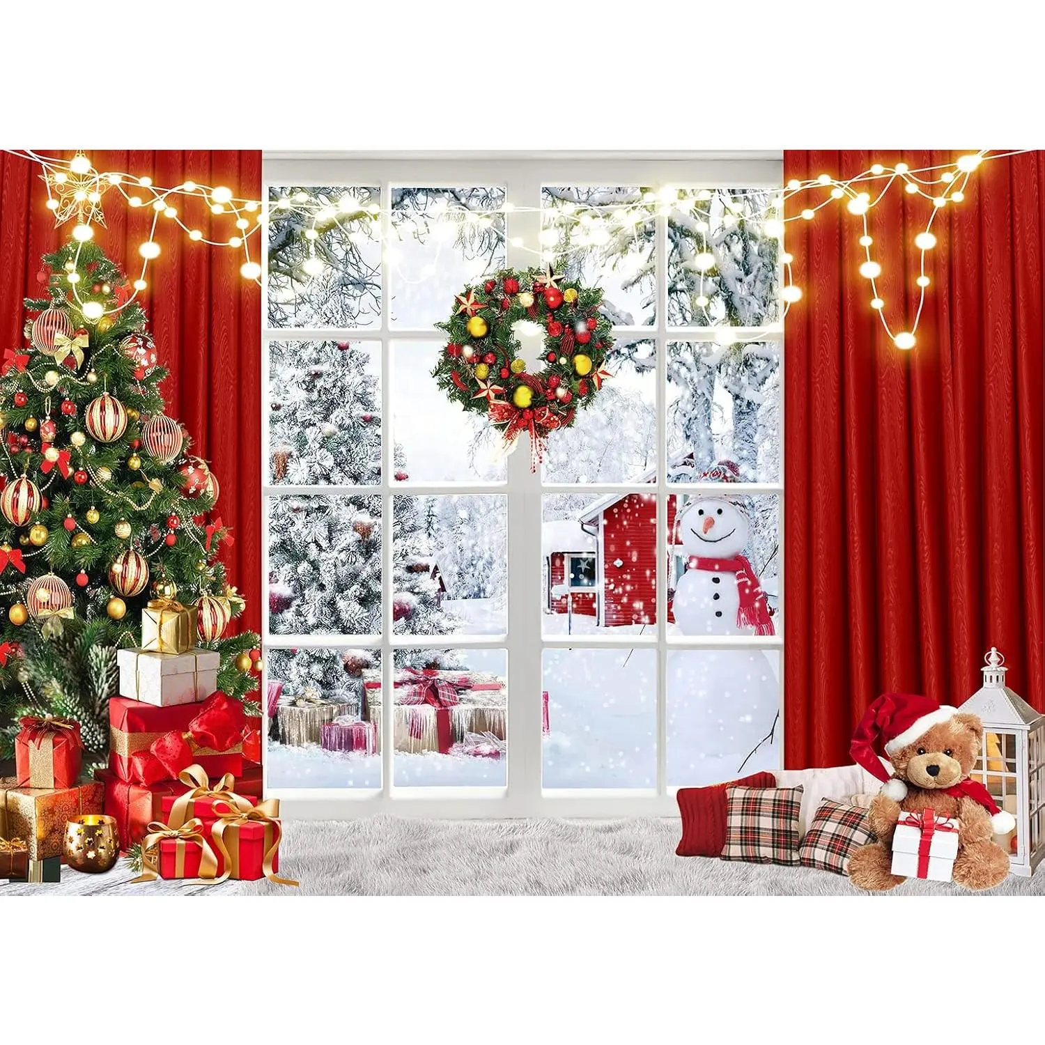 7X5FT Christmas Backdrop Red Window Background Winter Snow Xmas Tree  Christmas Family Party Background  Year Party Backdrop