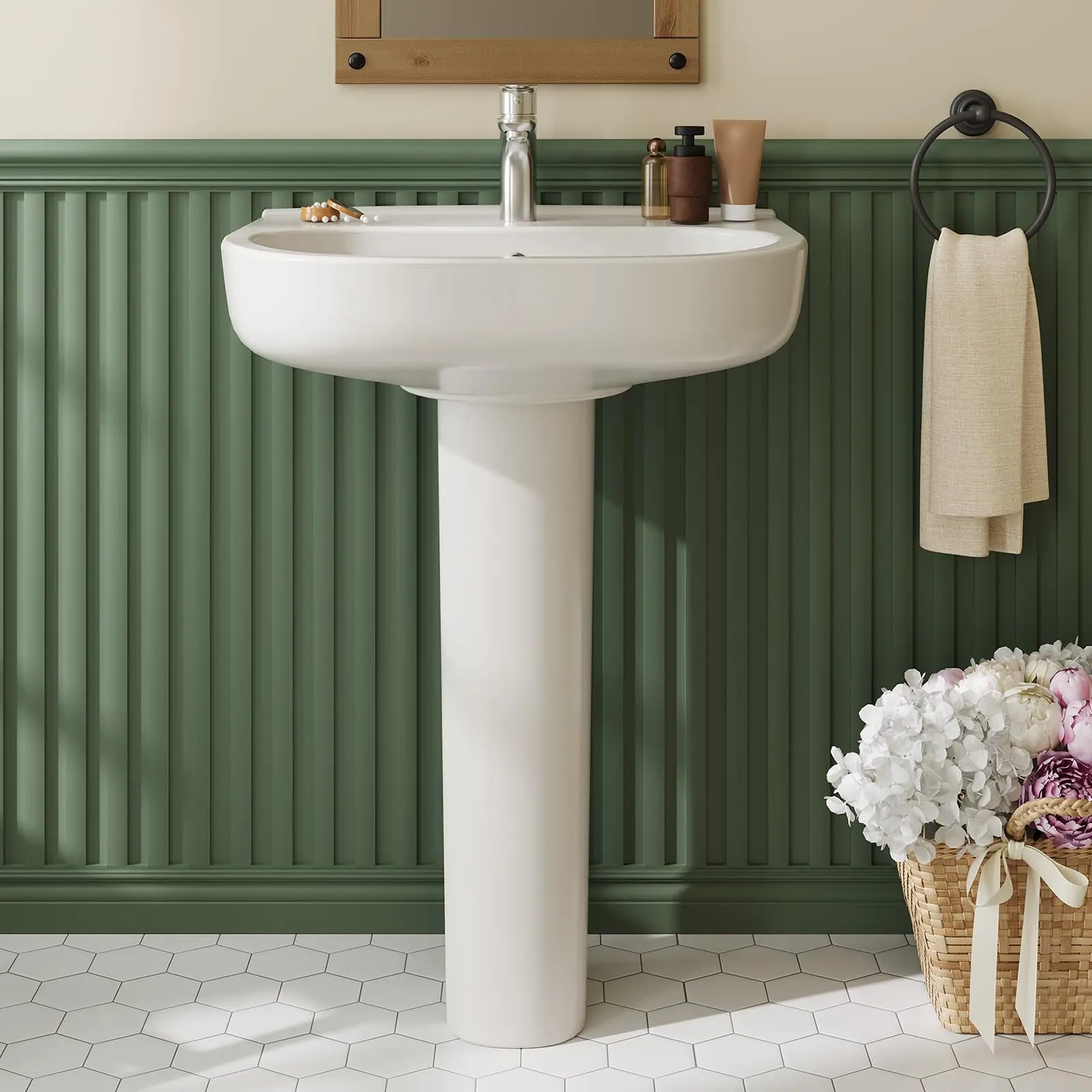 Pedestal Sink Single Hole Rectangular Ceramic Pedestal Sink for Bathroom, White Freestanding Sink with Overflow and Backsplash, Easy Installation