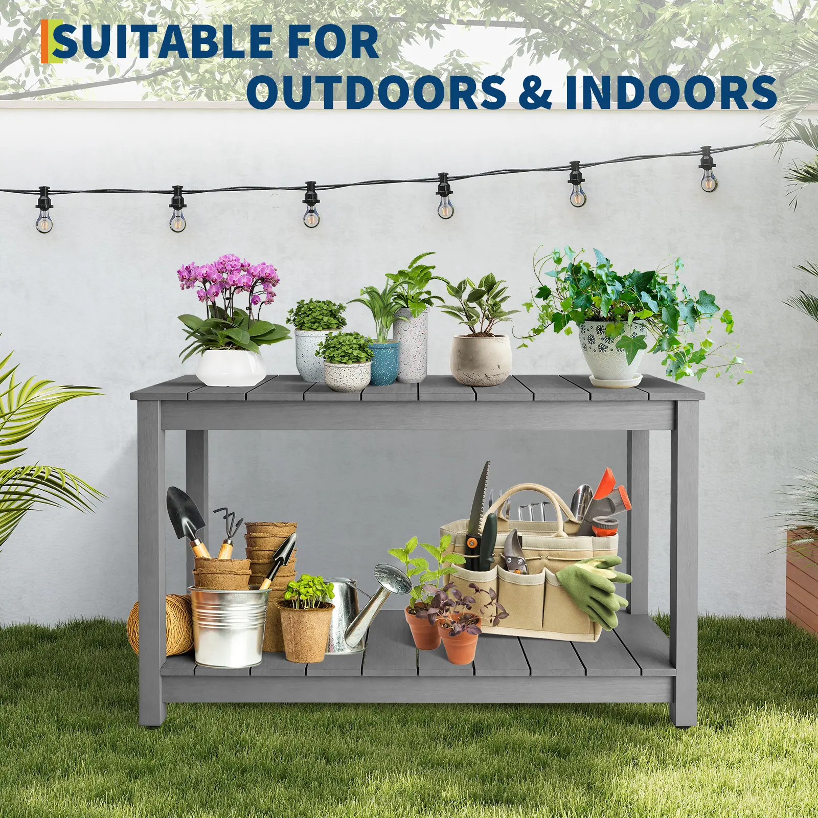 48 Inch Outdoor Console Table, 2-Tier All-Weather Patio Table with Adjustable Feet & Foot Sliders, Weather-Resistant Patio Buffet Table, Entryway & Bar Table for Porch, Backyard, Deck