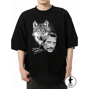 Men'S Johnny Halliday Signature And Wolf Graphic T-Shirt - Iconic Vocalist Clothing, White Print, Slightly Stretchy Crew Neck T-Shirt, Suitable for Concerts And Casual Wear, Four Seasons Comfortable Music Fan Gift (Black)