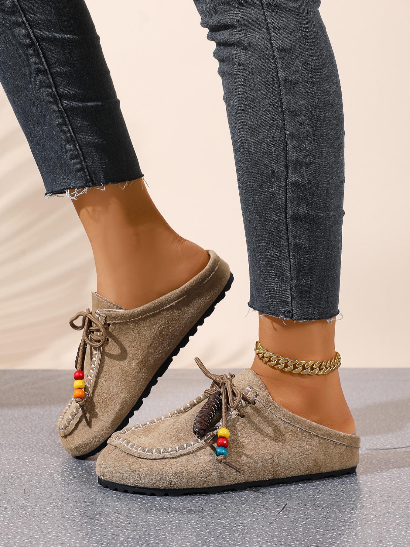 2025 New Women's Round-Toe Cork suede Clog Mules –Boho Beaded Suede Tassel Mules – Women’s Vintage Slip-On Clogs with Arch Support, Soft Cork Sole, and Colorful Beads – Cozy Fall Flats for Walking & Home Foot Clogs