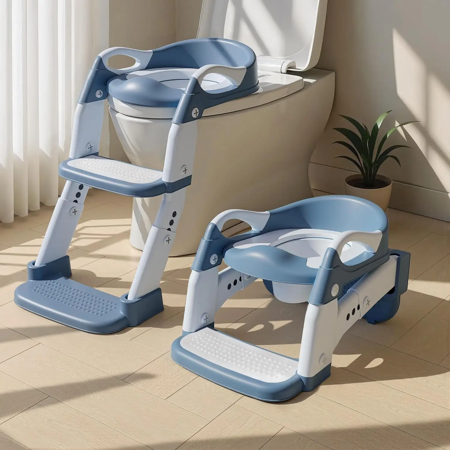3-in-1 Potty Training Seat & Training Toilet & Potty Chair, Height AdjustableToddler Toilet Seat  Kids, Foldable Potty Training Toilet with Splash Guard & Anti-Slip Steps