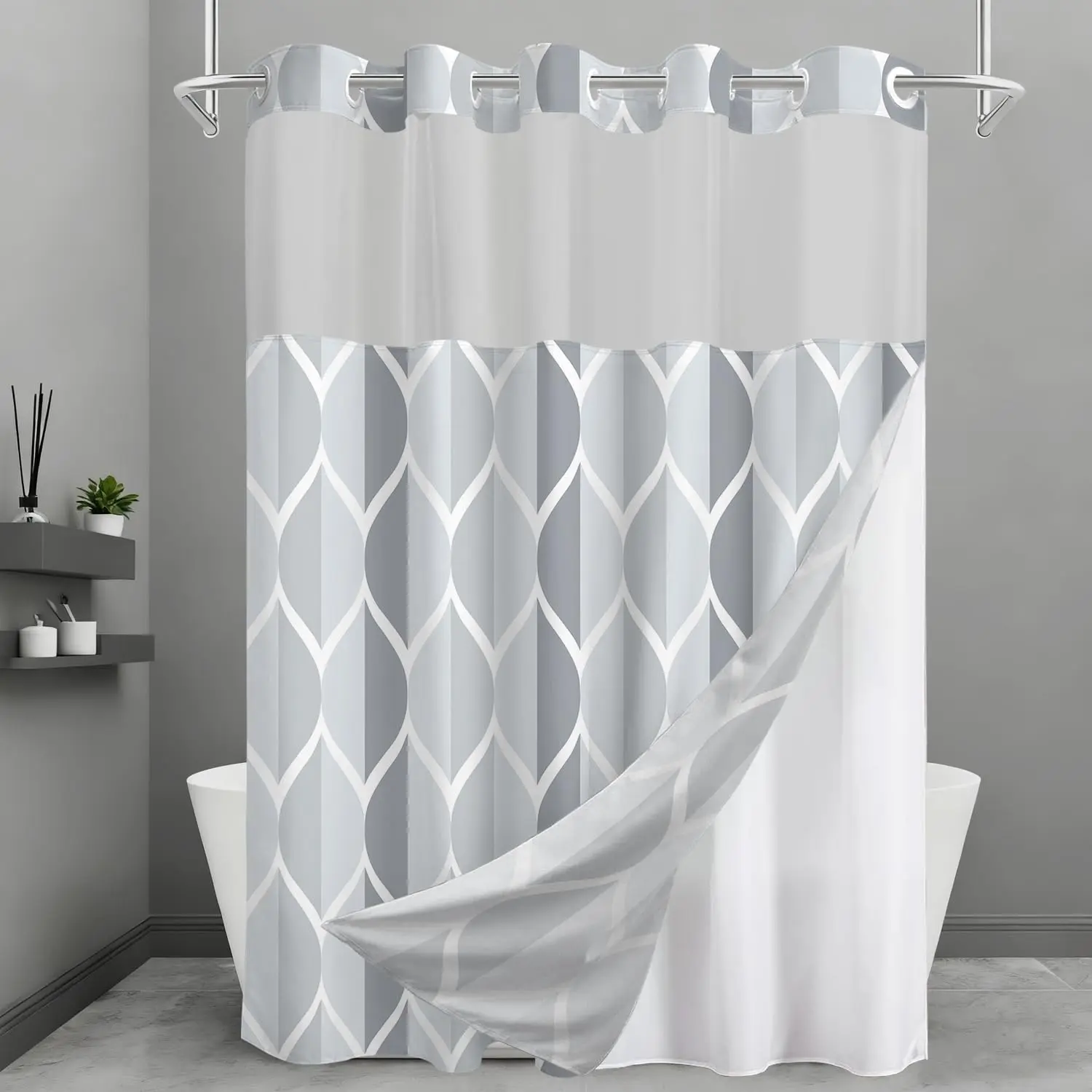 No-Hook Geometric Print Shower Curtain and Liner Set, Grey, 71x74in, Waterproof Polyester, Hotel-Style, See-Through Mesh Window, Snap-In Liner for Spa Bath
