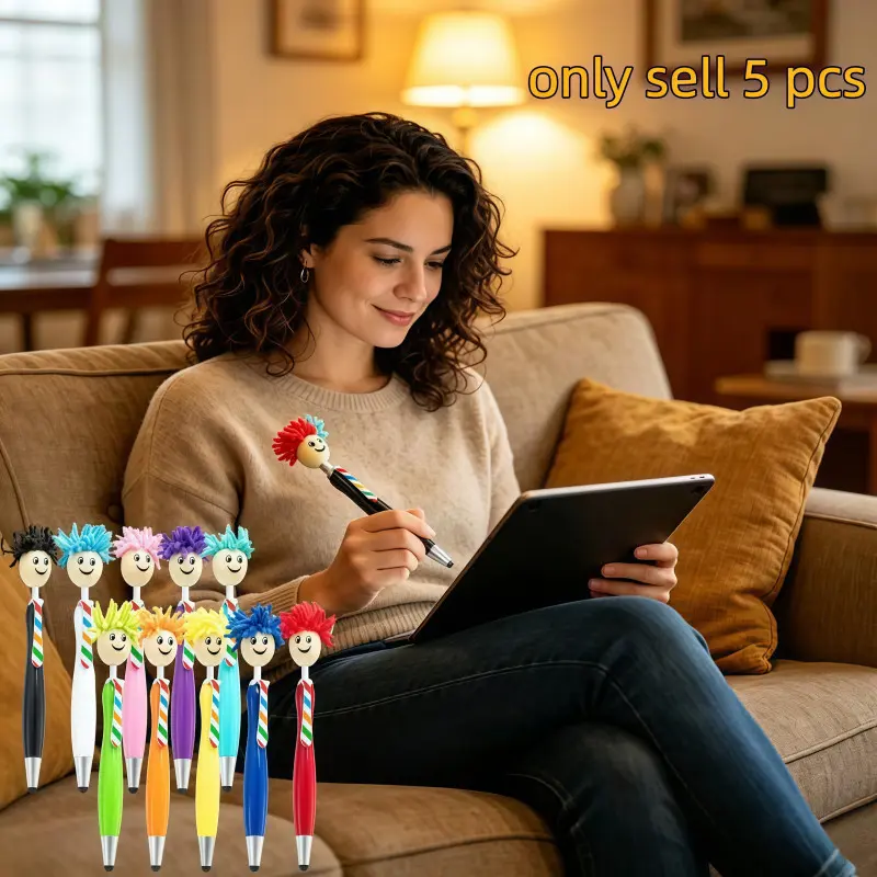 5-Pack Doll Smile Duster Heads Multi-Function Ballpoint Pens, Touchscreen & Writing, Cute Plush Cartoon Heads, Perfect Gifts for Holidays
