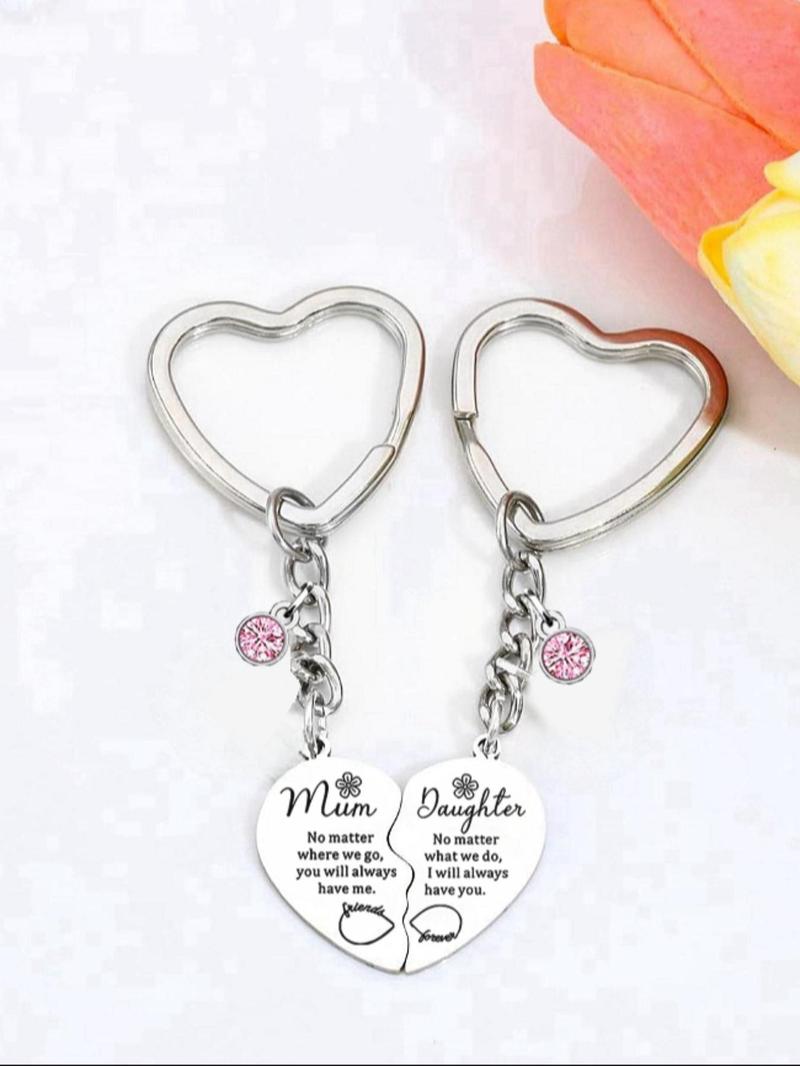 Fashion Slogan Pattern Metal Keychain for Mom and Daughter, Heart Shaped Stainless Steel Keychain, Trendy All-match & Exquisite Keychain for Gift, Personalized Heart Tag