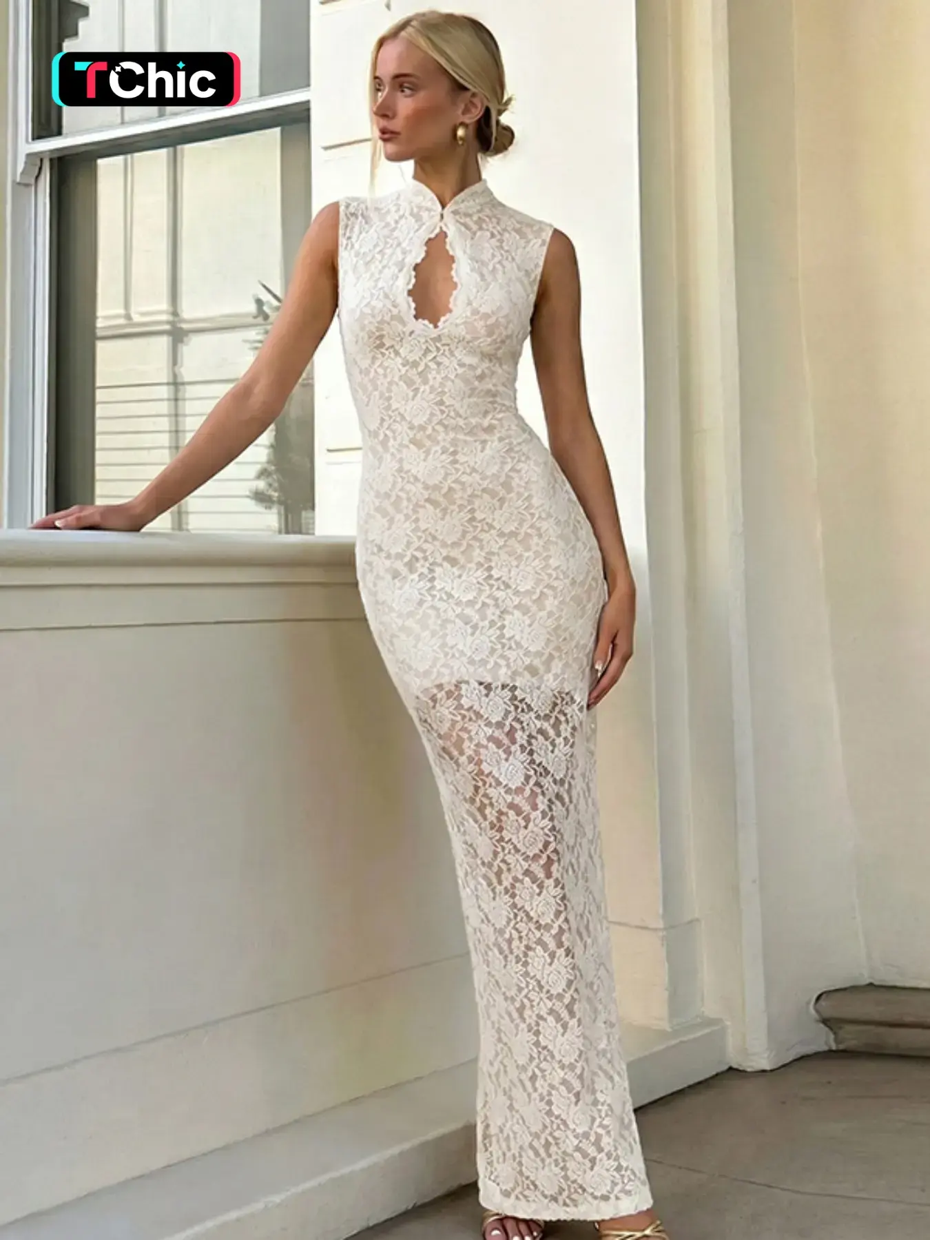 Women's Contrast Lace Floral Bust Cut Out Back Split Plain Bodycon Dress, Elegant Solid Color Stand Collar Sleeveless Slim Fit Slit Maxi Dress, Elegant Formal Dress, Party Club Date Evening Holiday Casual, Elegant Formal Style
