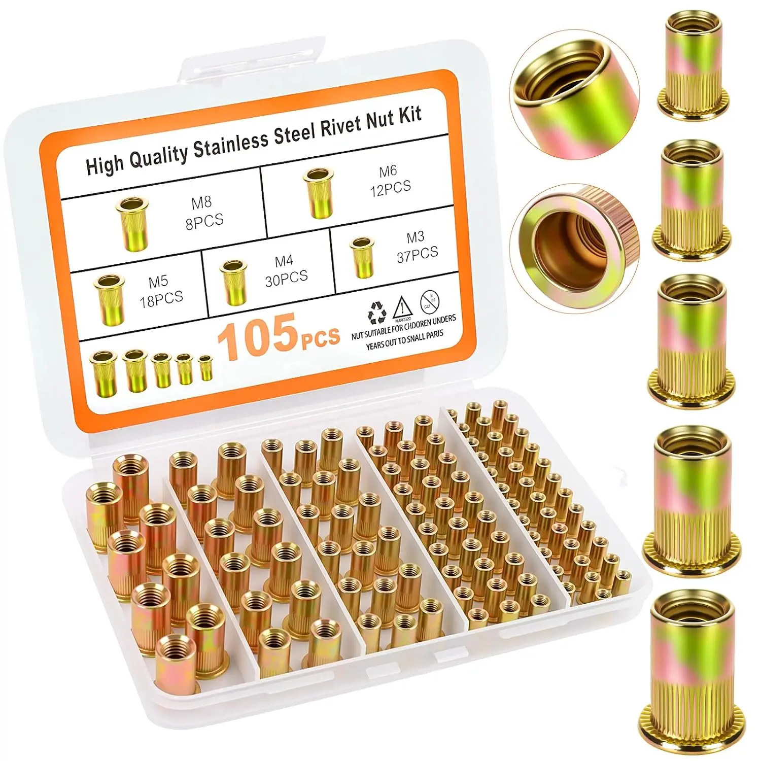 Metric Rivet Nut  Kit, 105 count stainless Steel SAE Rivet Nut, M3 M4 M5 M6 M8 UNC Flat  Rivnut Set, Threaded Insertion Nut Sets for Automotive, Mechanical and Other Equipment