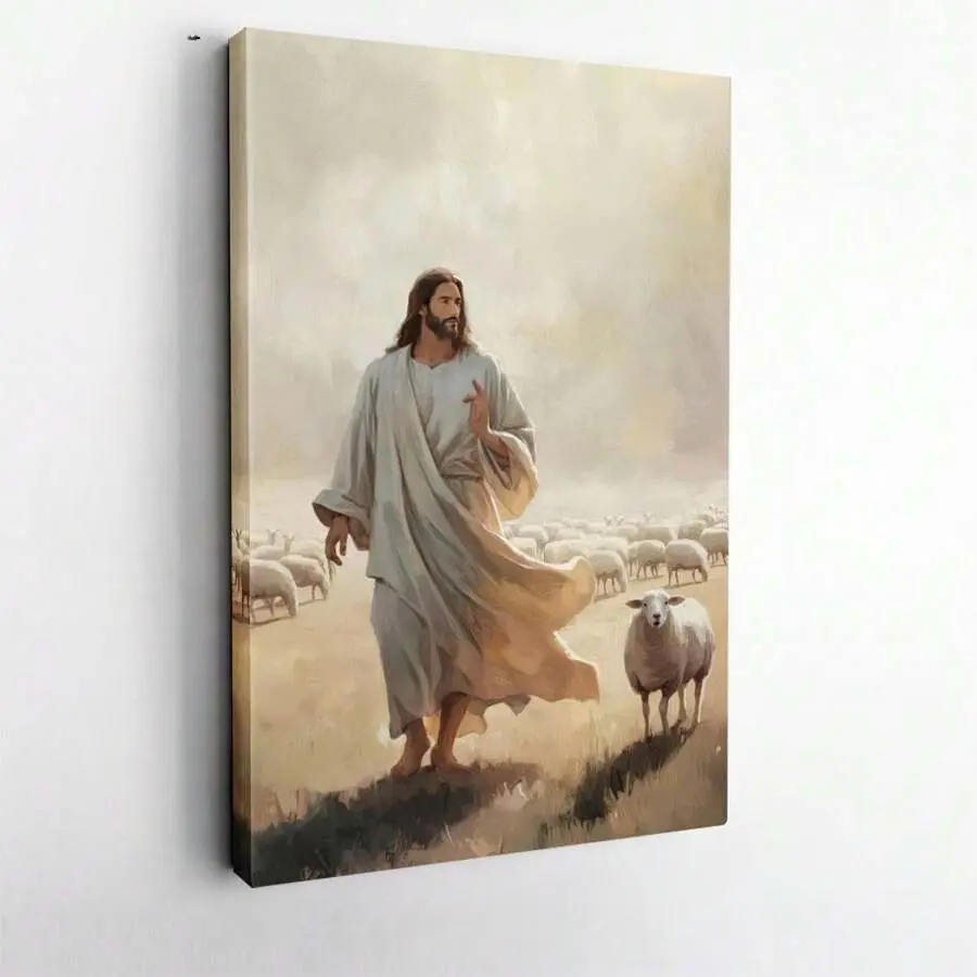 1Pc Easter Canvas Poster Print Jesus, Sheep Herding Scene, Religious Oil Painting Style Wall Decor Canvas Framed Wall Art - Canvas Prints Poster, Ready To Hang - Modern Christian Decor,