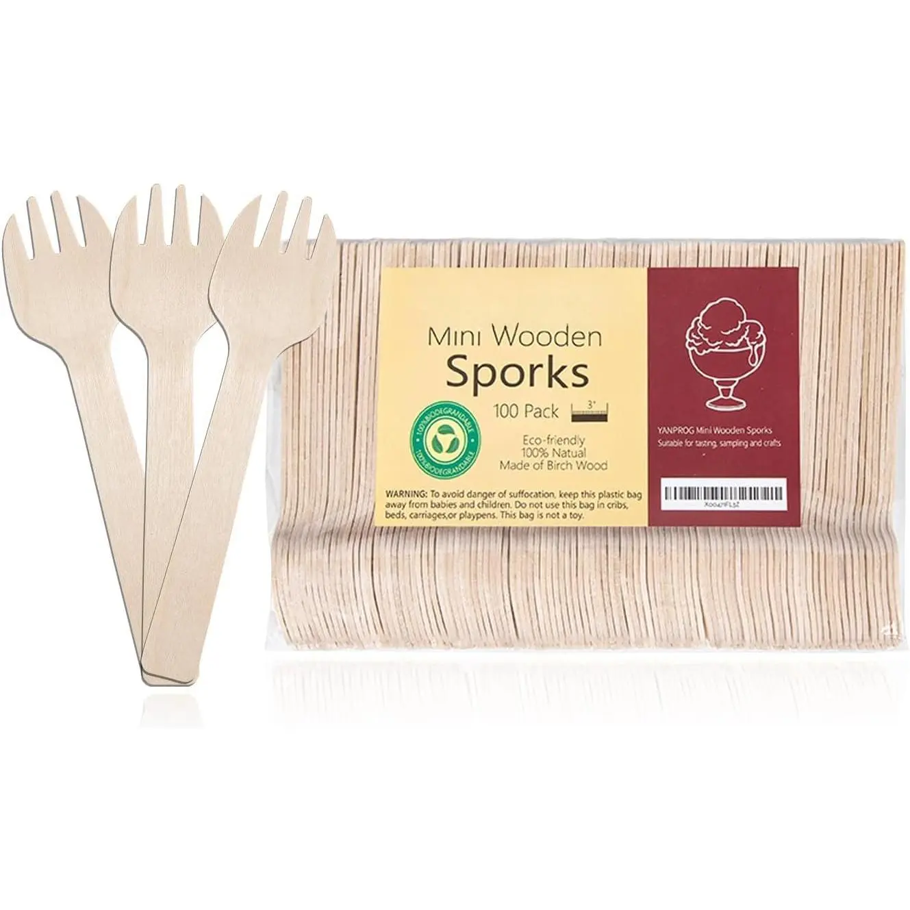 Mini Wooden Sporks Disposable 4" Small Wooden Fork Spoon 100 count  Compostable Birchwood Mini Forks for Parties, Weddings, Camping