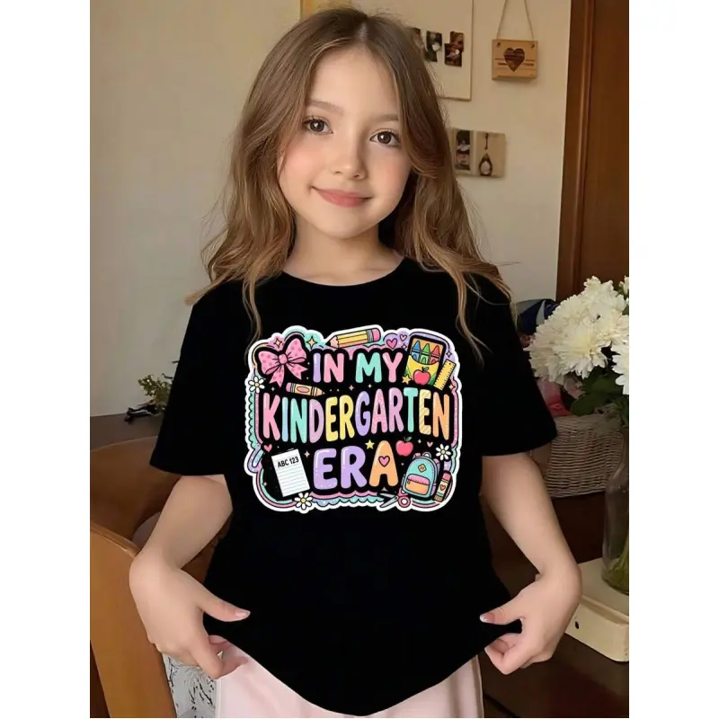 In My Kindergarten Era Print Graphic Tee, Cute Back To School Short Sleeve Casual Soft Cotton T-Shirt For First Day Of Kindergarten Activities