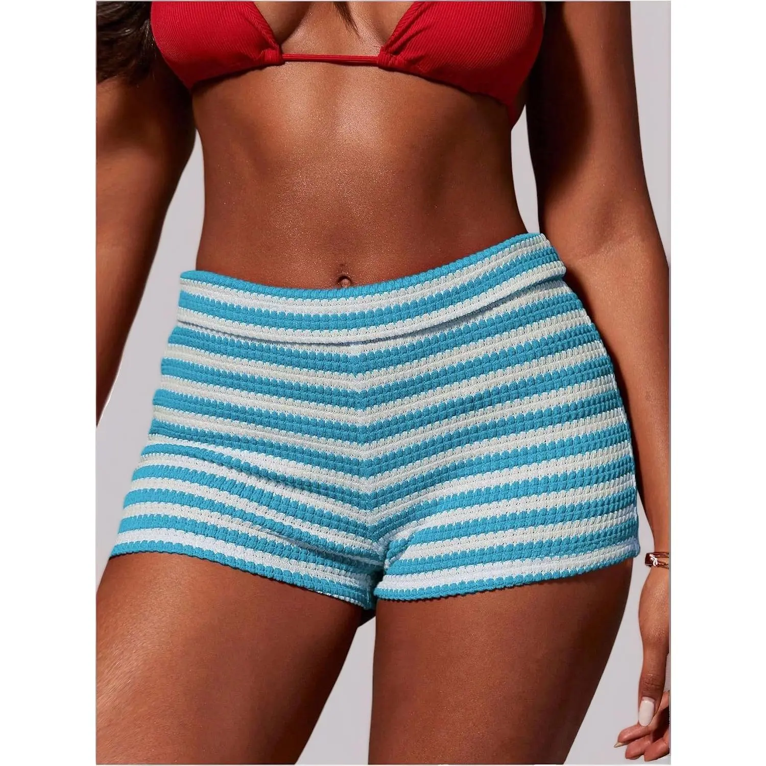 Floerns Women's Crochet Micro Shorts Striped Knit Summer Beach Mini Short |   Crochet Knit Fabric, Striped Y2k Style, Music Festival, Coastal Outfits Women, Beach Shorts