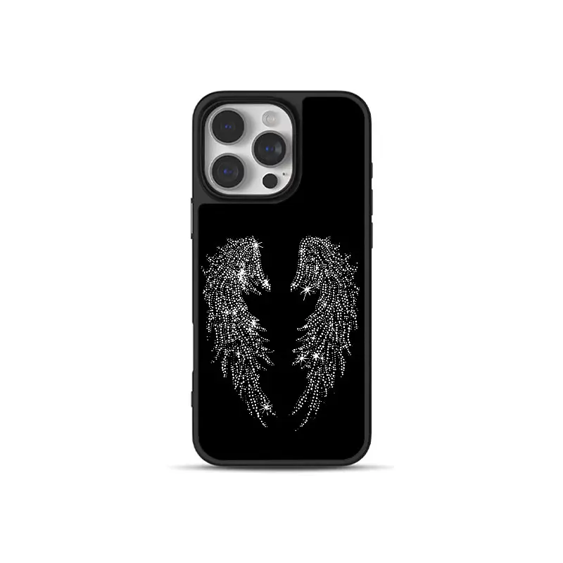 Sweet Edgy Rhinestone Starlight Gothic Angel Wings Phone Case for use with iphone 17 air 16 pro max 15 pro 14 13/12/11 design phone cases for iphone Skin-touch 2-in-1 Bright White Glass Case phone case for girlies and boys aesthetic holographic phone case