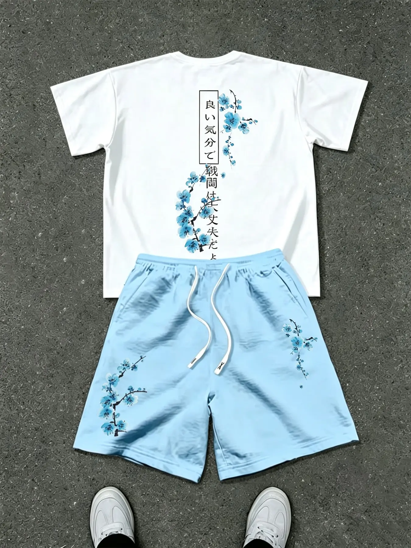 Men's Summer Streetwear Set, Short Sleeve Tee + Drawstring Shorts, Plum Blossom & Japanese Text Print, Casual Sporty