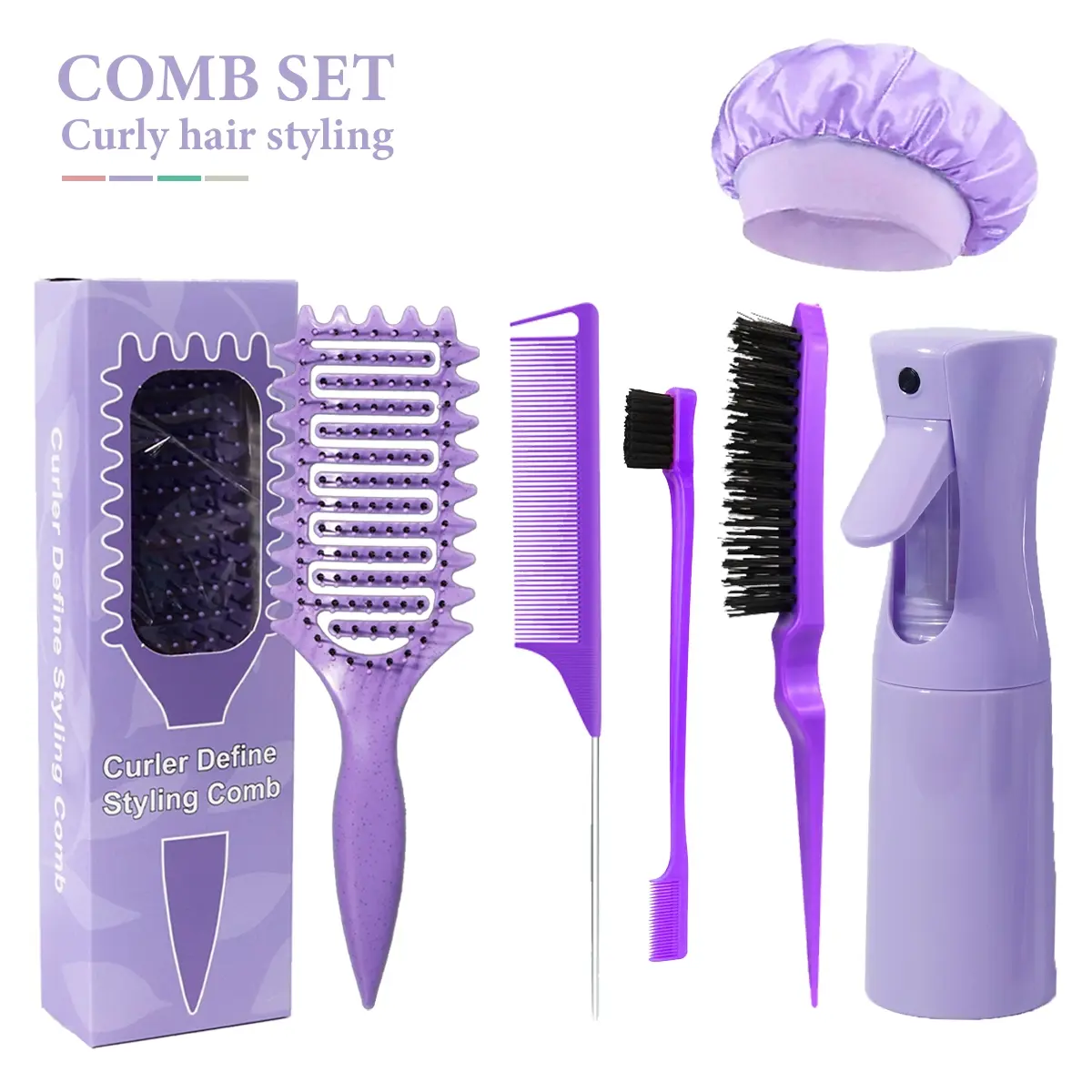 6-Piece Hair Styling Tool Set, Includes Comb, Spray Bottle, Curl Brush, Tail Comb, Edge Brush, Split End Brush, Sleep Cap, Suitable for All Hair Types