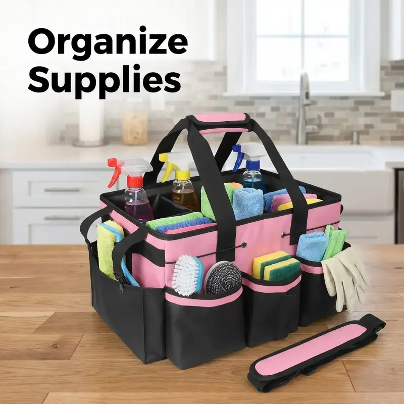 Multi-Pocket Cleaning Bag with Adjustable Dividers, Waterproof Home Cleaning & Car Care Organizer, Thick Shoulder Strap, Handle and Waist Belt, Multi-Purpose Storage Organizer Bags