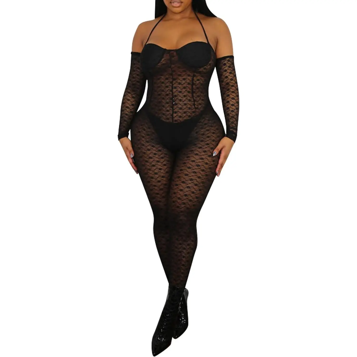 Sexy Mesh Black Leopard Jumpsuits for Women Bodycon Outfits Streetwear Rompers