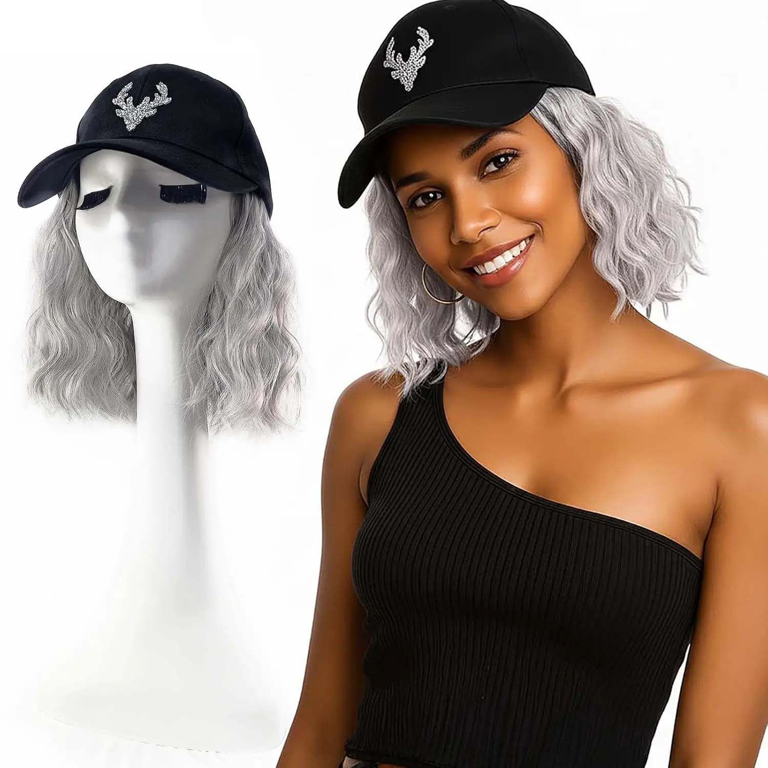8" Icy  Grey Wavy Bob Hat Wigs, Baseball Cap Wig for Women | 8-inch chin- bob, 88A/89A short gray wig,  synthetic hair,  density, wide-range fit, hat with hair attached