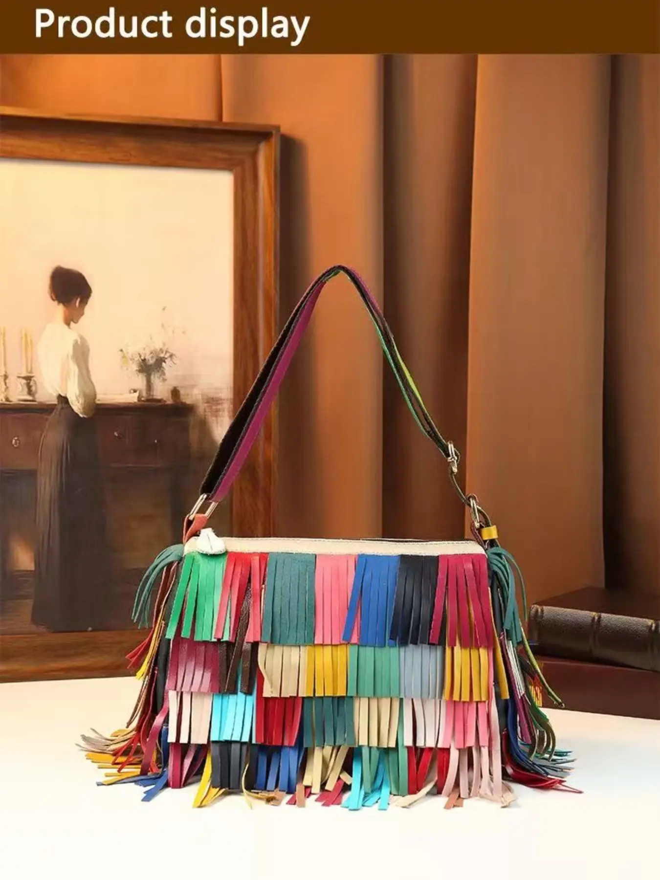 Colorful Patchwork Fringe Leather Crossbody Pillow Bag, Hardware, Adjustable Strap, Showcase Stitching Craftsmanship, Bohemian Crossbody Bag