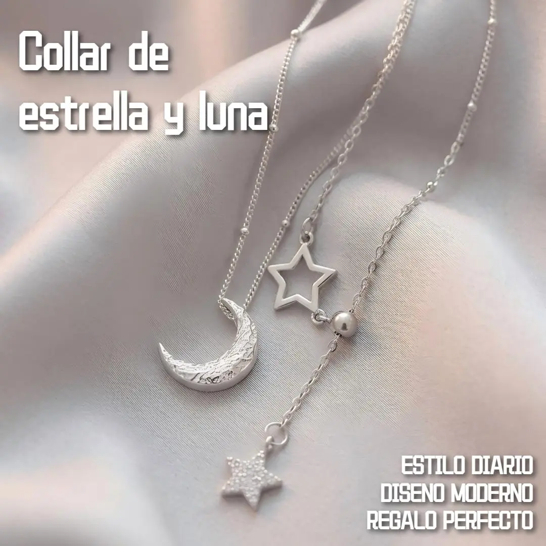 2Pcs Dainty Moon & Star Layered Necklace Set Silver Celestial Moon & Sparkly CZ Star Pending Necklaces Aesthetic Everyday Jewelry Gift for Women
